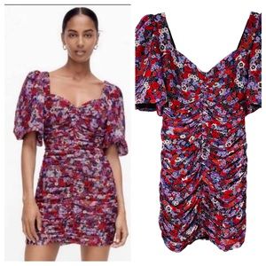 Zara Puff Sleeve Red Floral Ruched Mini Dress